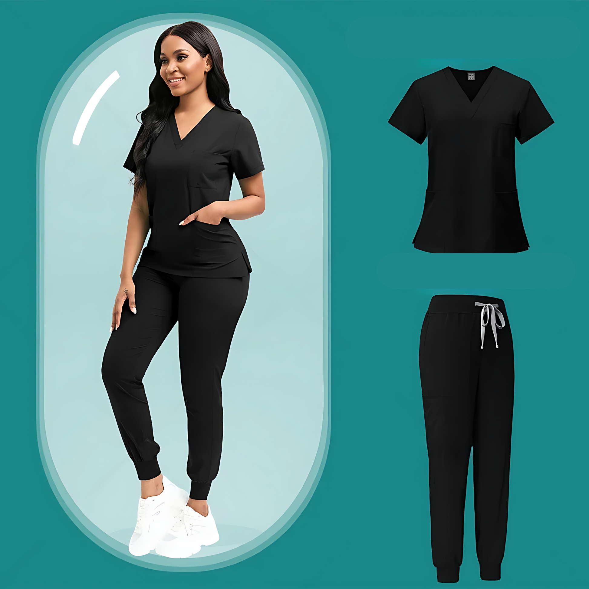 Female model wearing black medical scrubs set, including a V-neck scrub top with short sleeves and matching jogger pants with an elastic waistband and drawstring, posing in front of a minimalist, teal-colored backdrop.