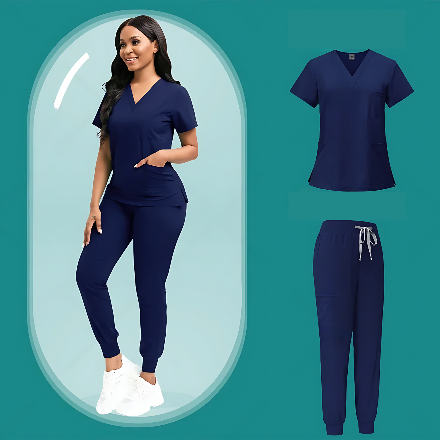Female model wearing navy blue medical scrubs set, including a V-neck scrub top with short sleeves and matching jogger pants with an elastic waistband and drawstring, posing in front of a minimalist, teal-colored backdrop.