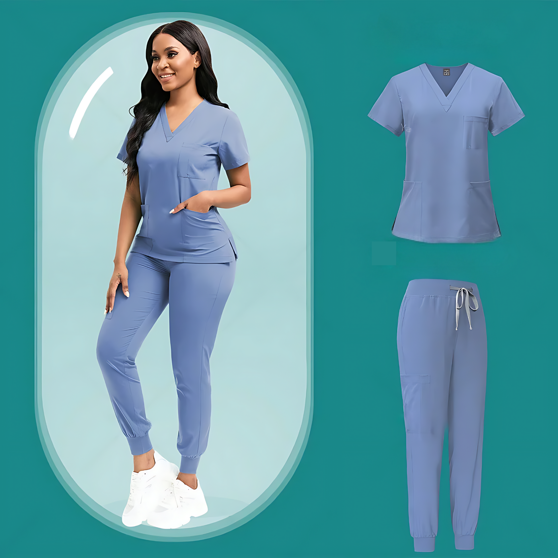 Female model wearing blue medical scrubs set, including a V-neck scrub top with short sleeves and matching jogger pants with an elastic waistband and drawstring, posing in front of a minimalist, teal-colored backdrop.