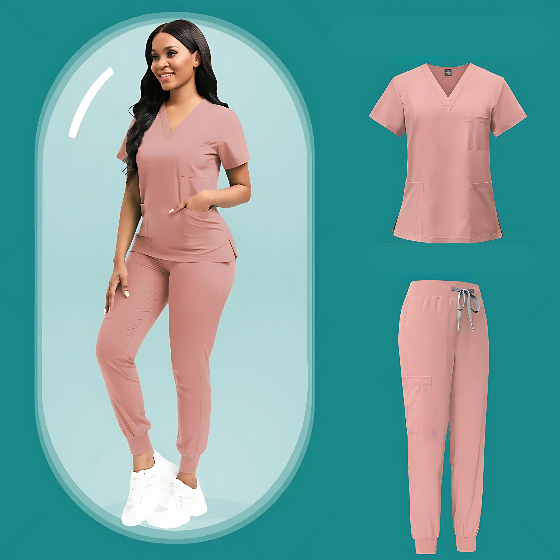 Female model wearing blush pink medical scrubs set, including a V-neck scrub top with short sleeves and matching jogger pants with an elastic waistband and drawstring, posing in front of a minimalist, teal-colored backdrop.