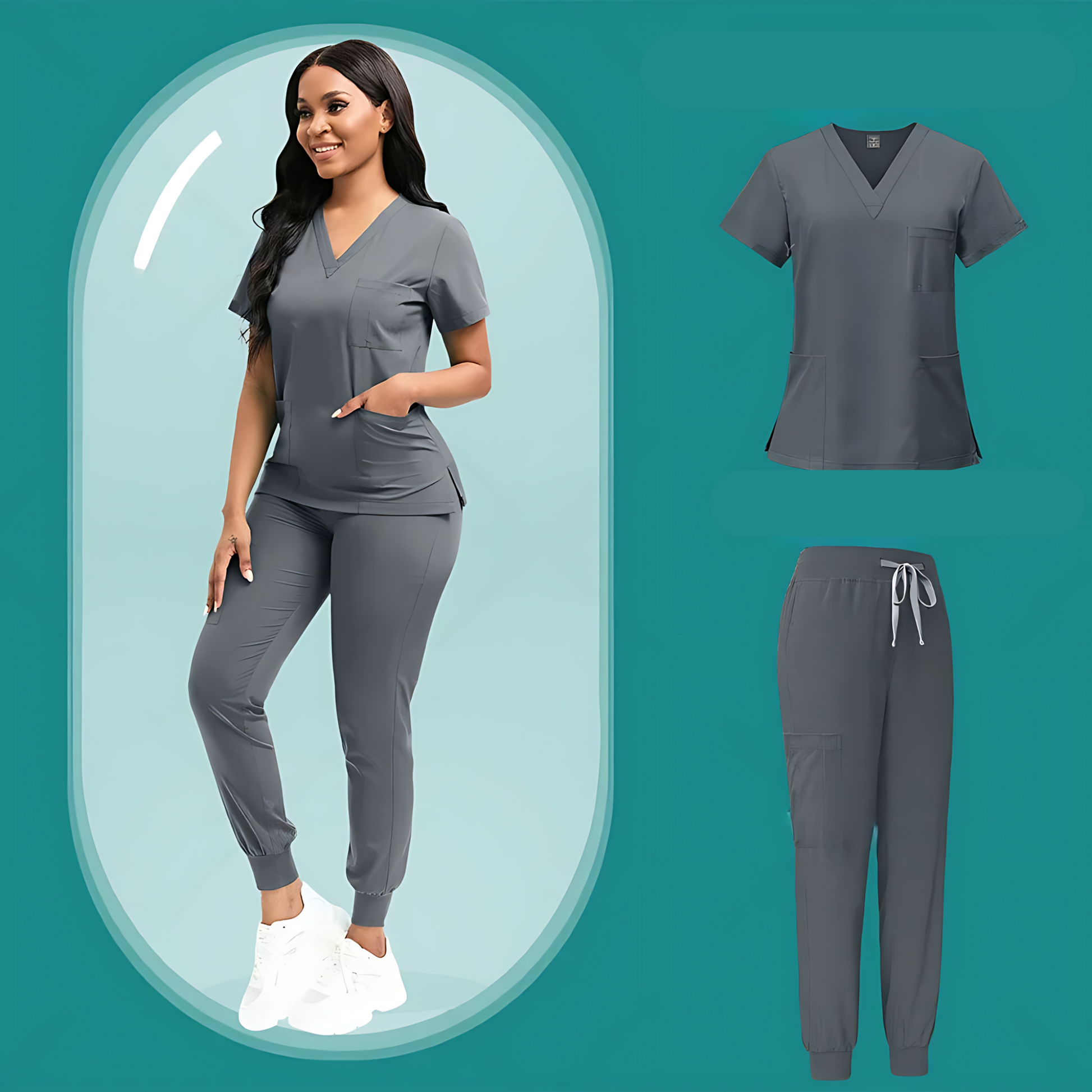 Female model wearing charcoal gray medical scrubs set, including a V-neck scrub top with short sleeves and matching jogger pants with an elastic waistband and drawstring, posing in front of a minimalist, teal-colored backdrop.