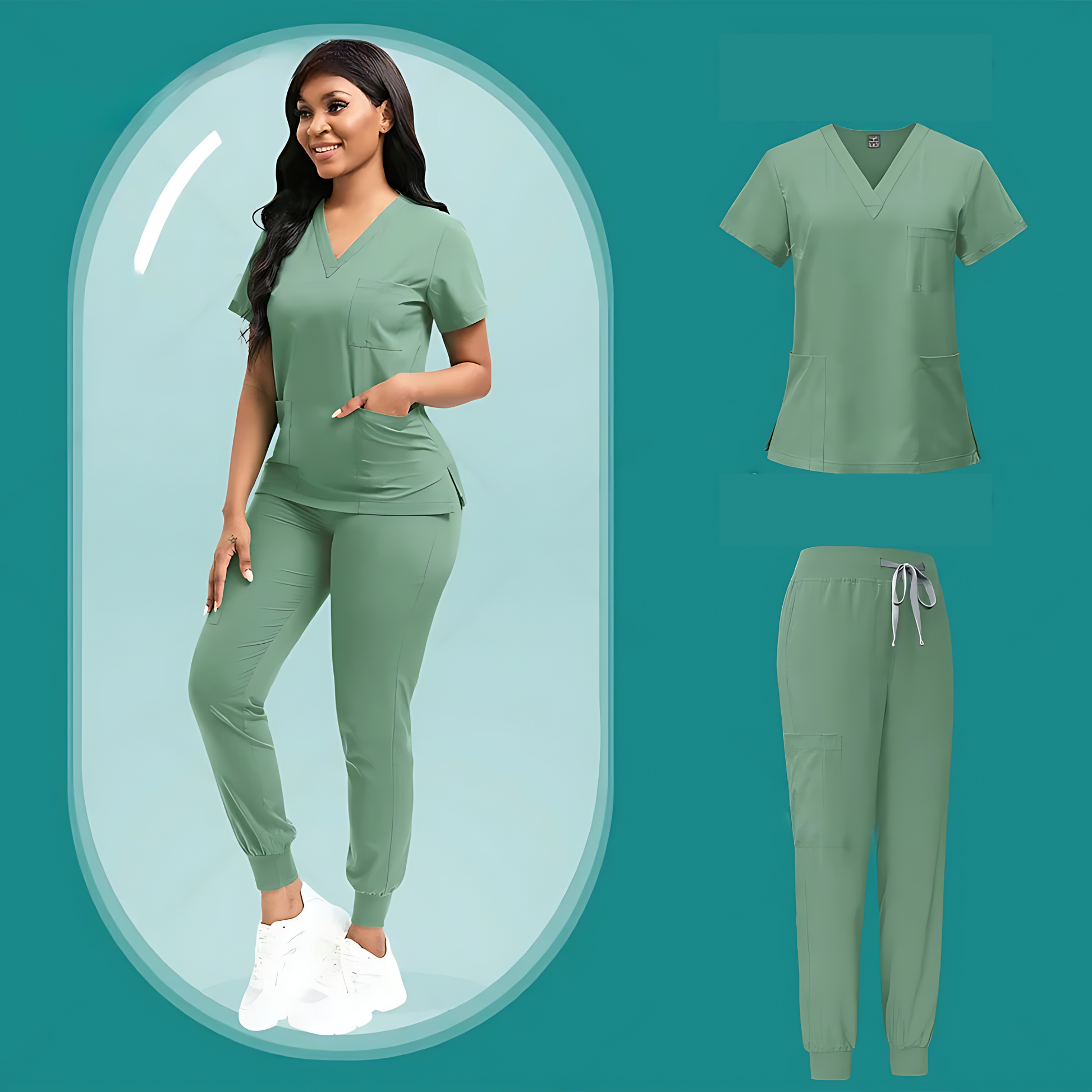 Female model wearing light green medical scrubs set, including a V-neck scrub top with short sleeves and matching jogger pants with an elastic waistband and drawstring, posing in front of a minimalist, teal-colored backdrop