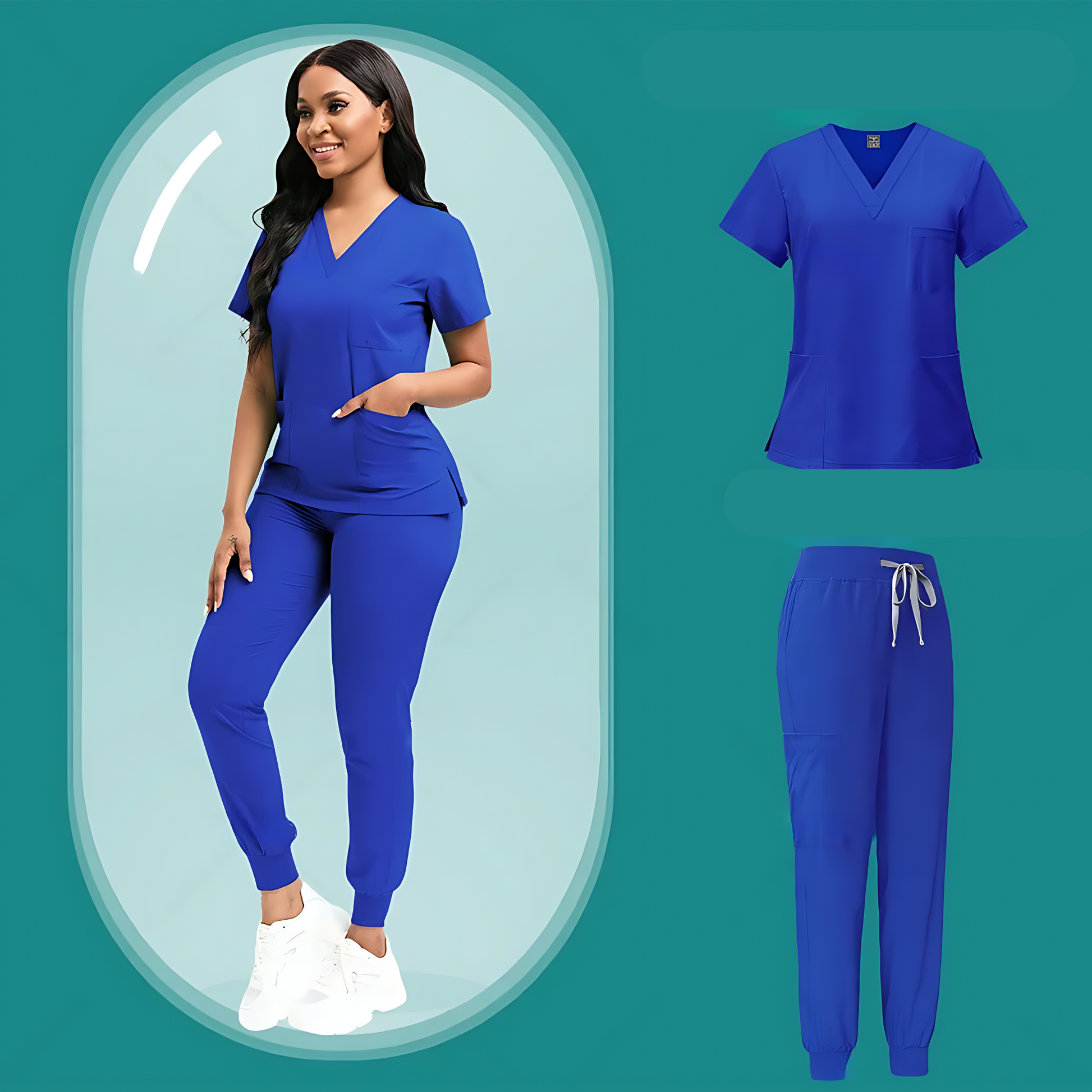 Female model wearing royal blue medical scrubs set, including a V-neck scrub top with short sleeves and matching jogger pants with an elastic waistband and drawstring, posing in front of a minimalist, teal-colored backdrop.