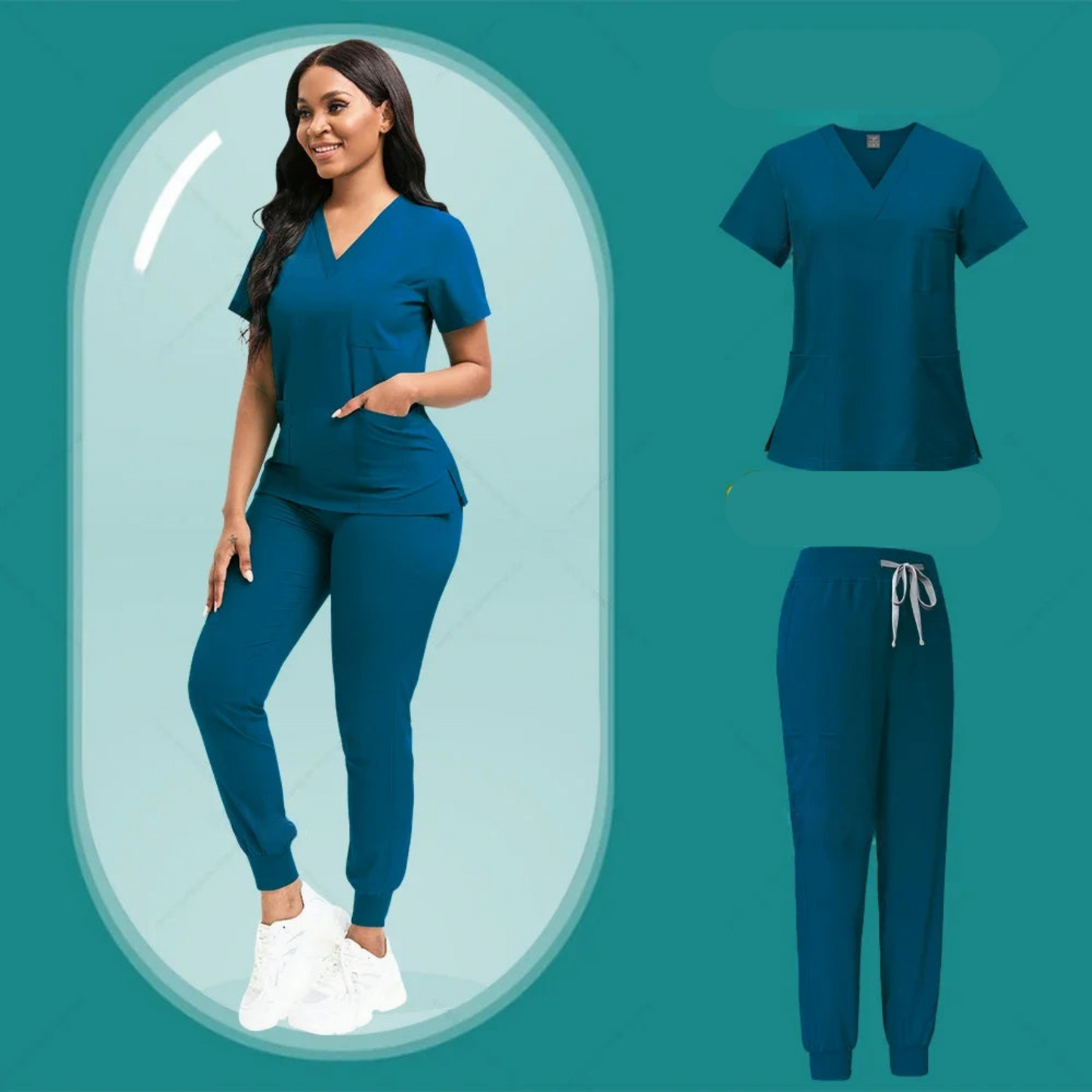 Female model wearing teal medical scrubs set, including a V-neck scrub top with short sleeves and matching jogger pants with an elastic waistband and drawstring, posing in front of a minimalist, teal-colored backdrop.